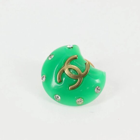 CHANEL Clip-on Earring Gold Tone Green CC Auth - Picture 9 of 12